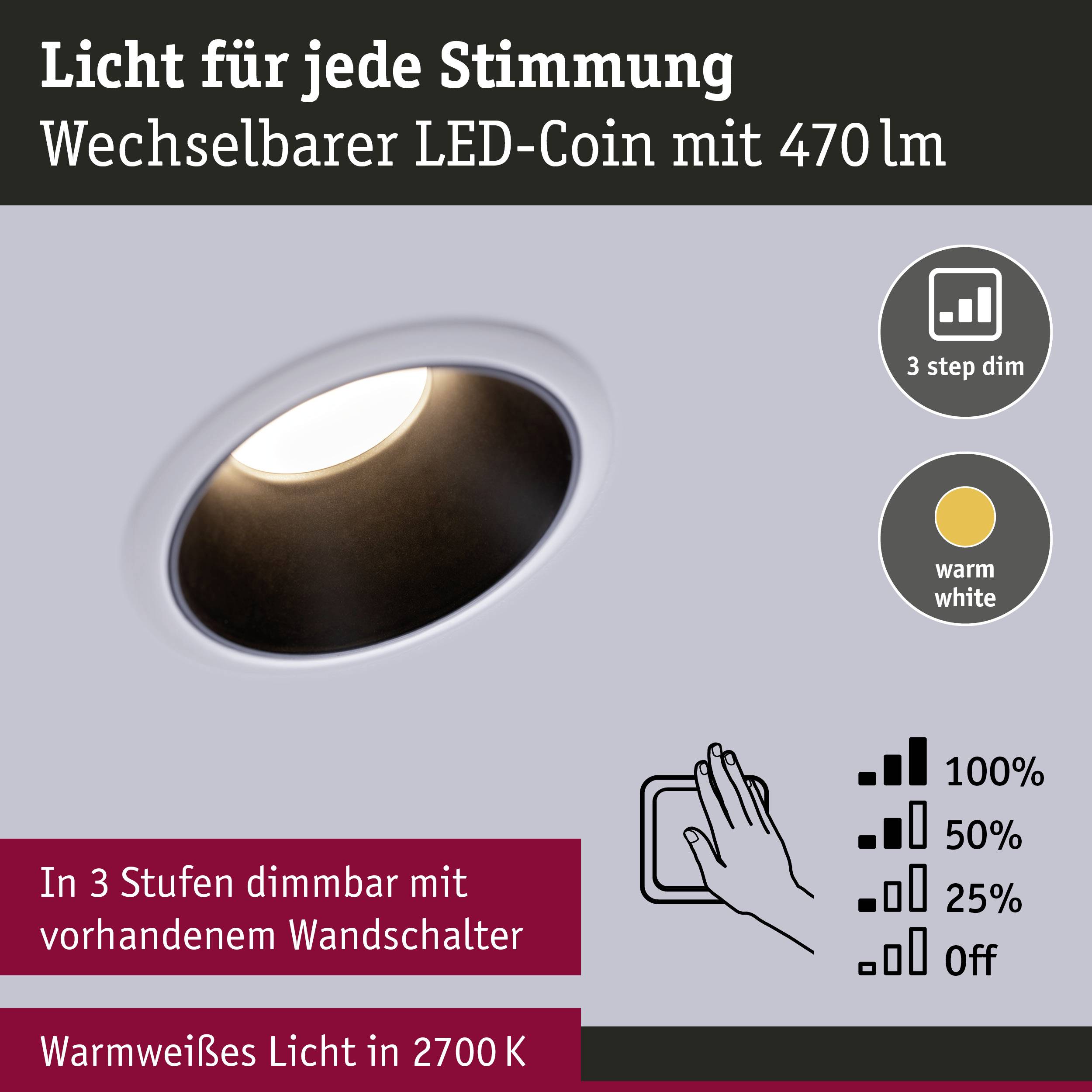 Paulmann 93401 Cole Coin Einbauleuchte LED 6W Weiß, Schwarz