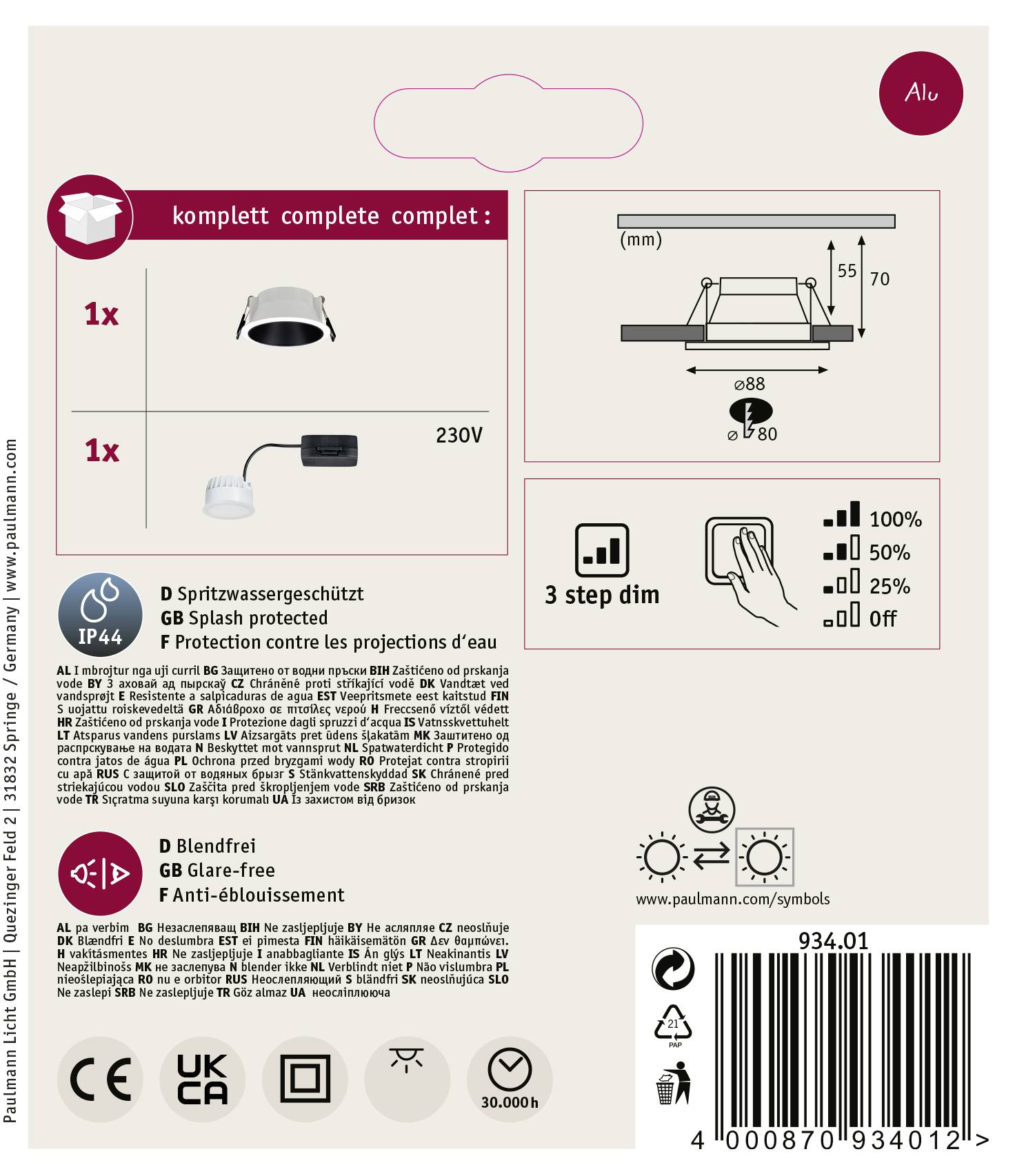 Paulmann 93401 Cole Coin Einbauleuchte LED 6W Weiß, Schwarz
