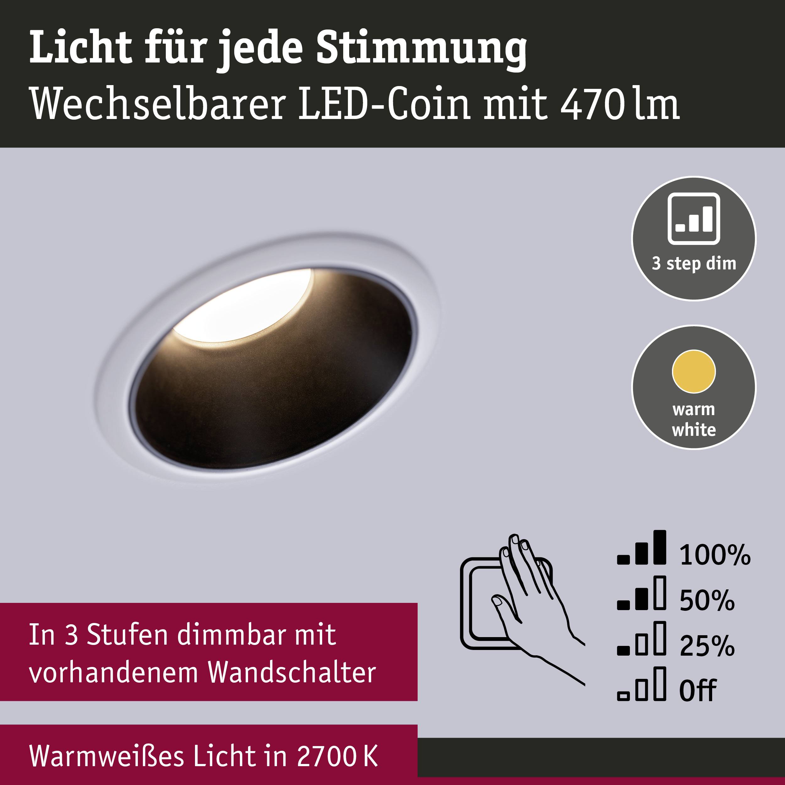 Paulmann 93402 Cole Coin Einbauleuchte 3er Set LED 6W Weiß, Schwarz