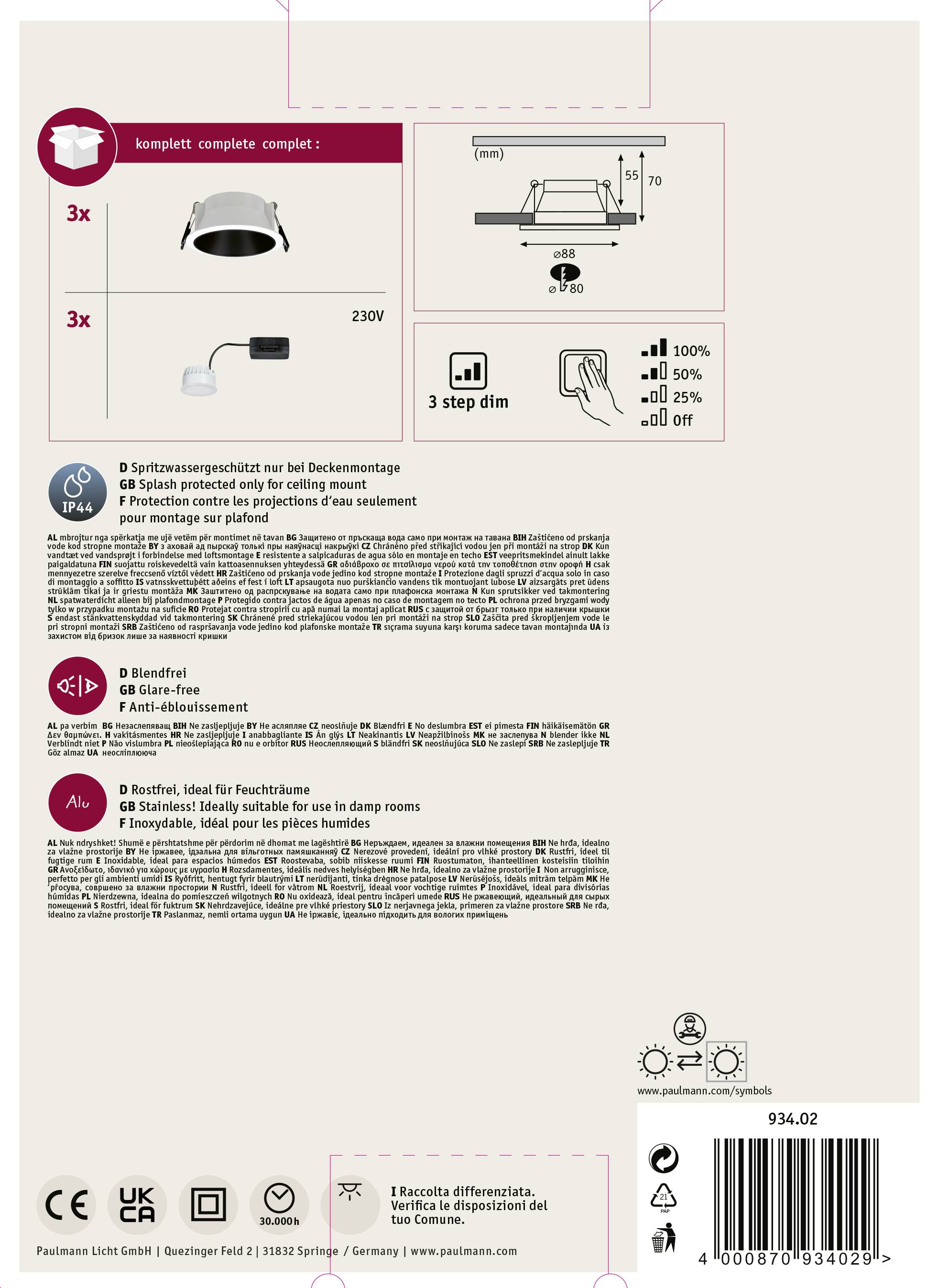 Paulmann 93402 Cole Coin Einbauleuchte 3er Set LED 6W Weiß, Schwarz