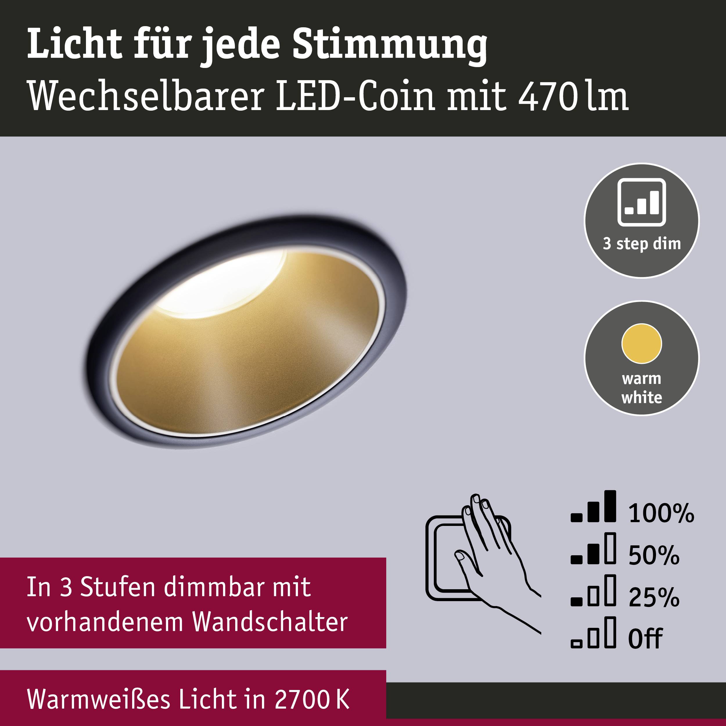 Paulmann 93403 Cole Coin Einbauleuchte LED 6 W Schwarz, Gold