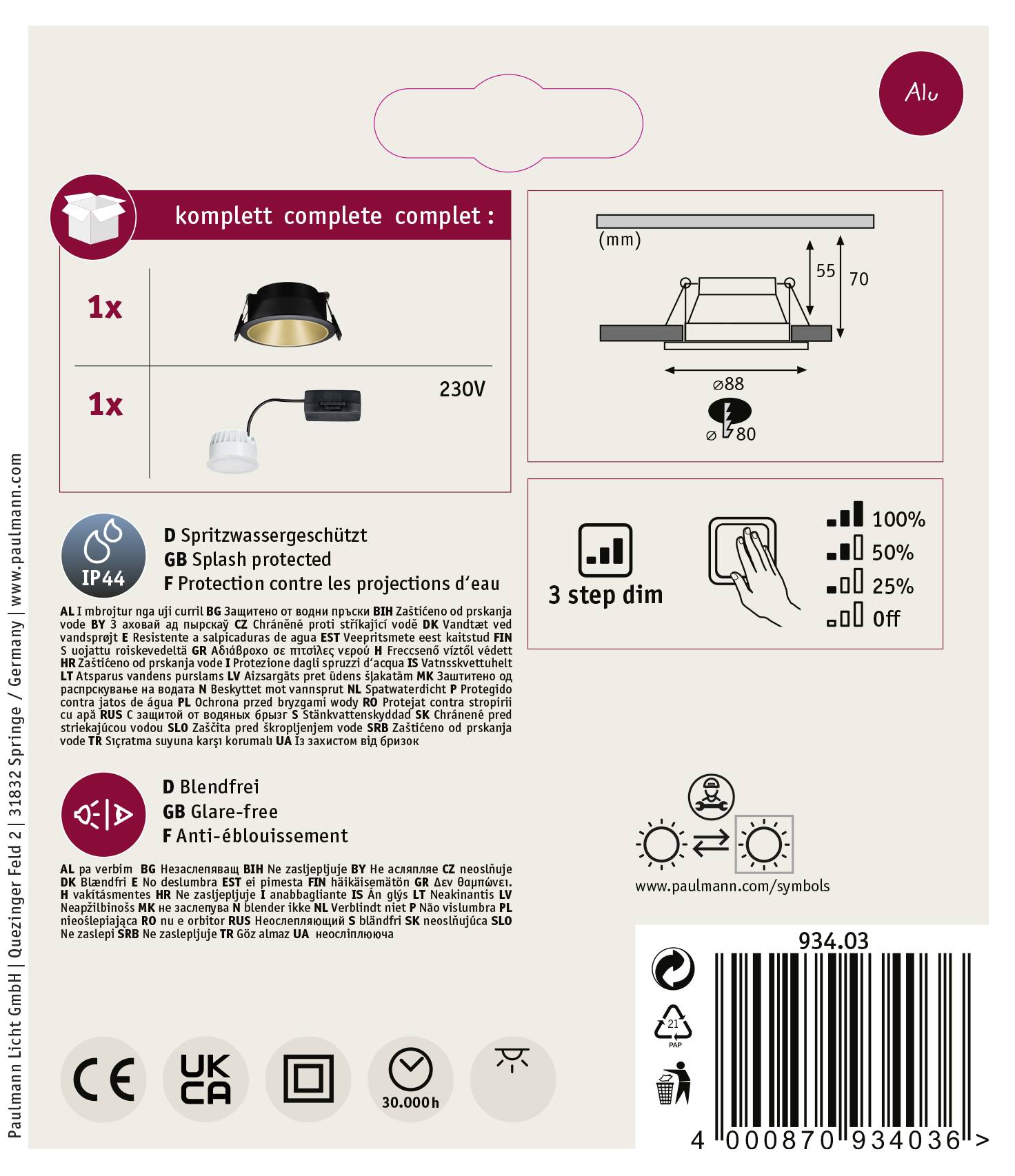 Paulmann 93403 Cole Coin Einbauleuchte LED 6 W Schwarz, Gold