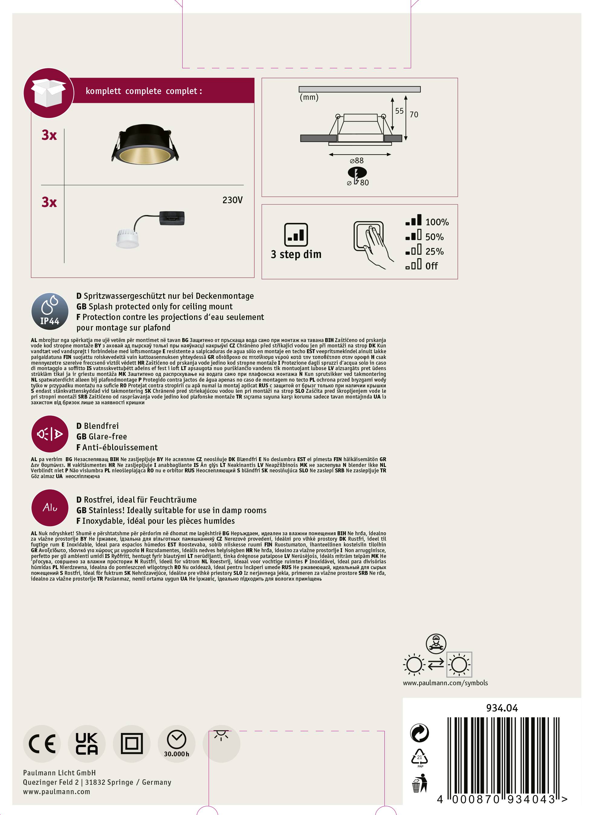 Paulmann Cole Coin 93404 Einbauleuchte 3er Set 2021 Energieeffizienzklasse: n.rel 6W Warmweiß Schwarz, Gold