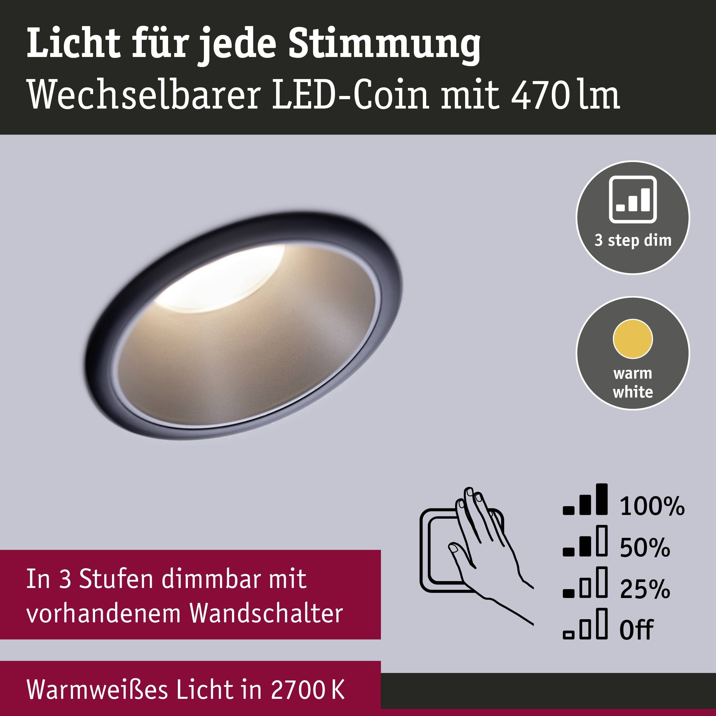 Paulmann 93407 Cole Coin Einbauleuchte LED 6W Schwarz, Silber