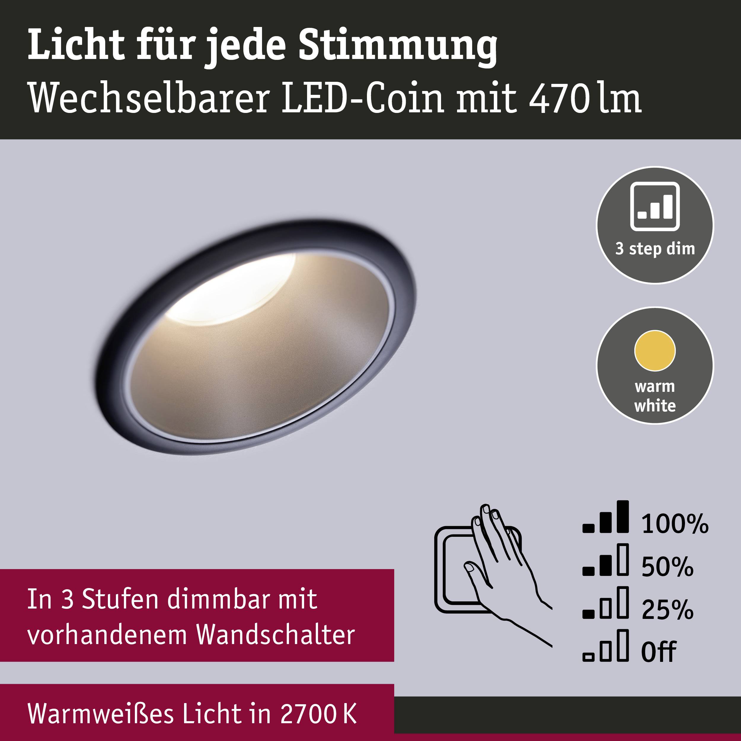 Paulmann 93408 Cole Coin Einbauleuchte 3er Set LED 18W Schwarz, Silber