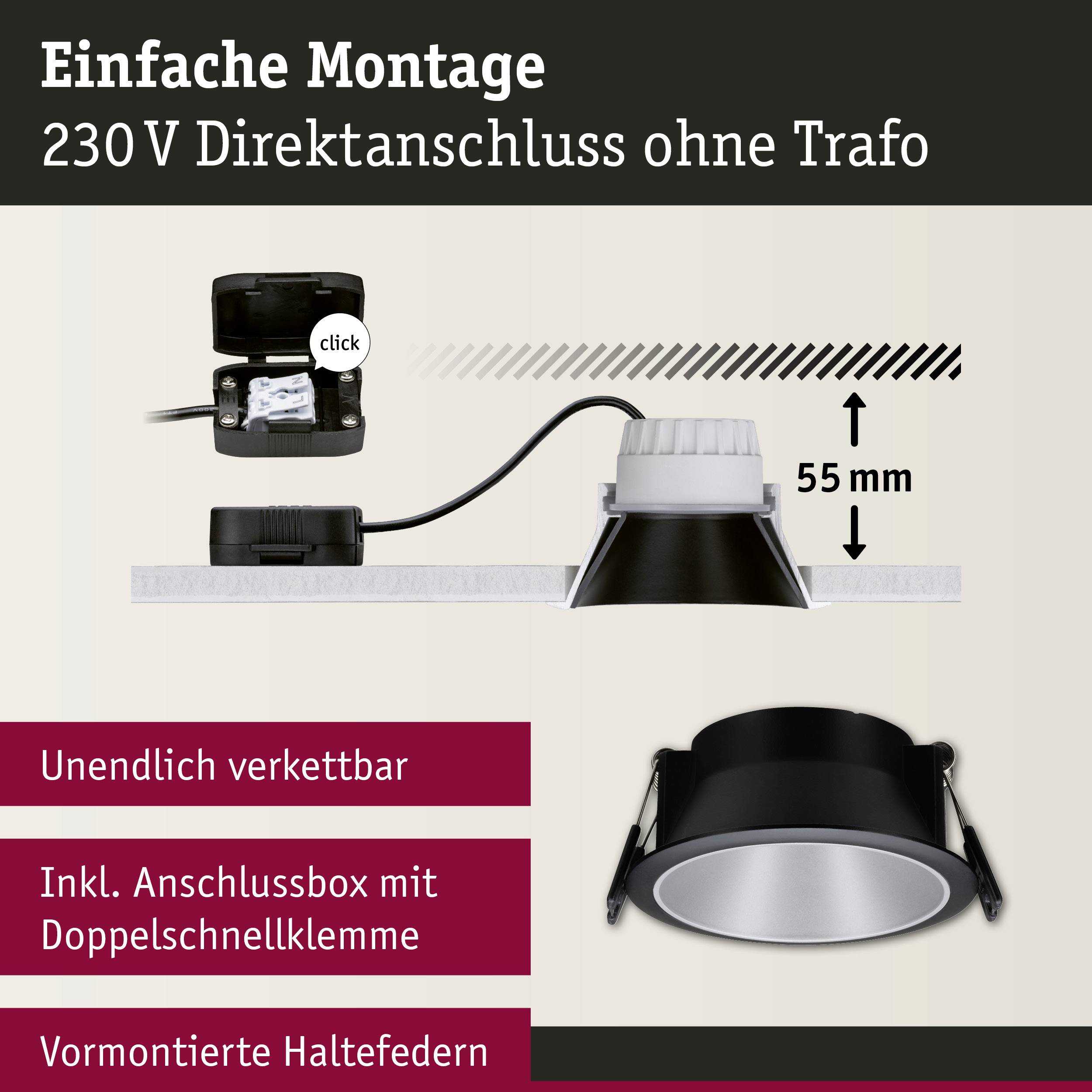 Paulmann 93408 Cole Coin Einbauleuchte 3er Set LED 18W Schwarz, Silber