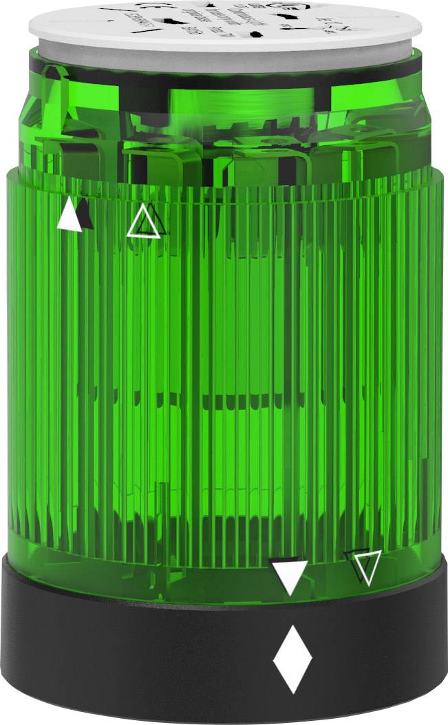 Grüne LED-Signalleuchte mit schwarzem Sockel, zeigt funktionale Symbole für Betriebs- und Maschinenstatus an.
