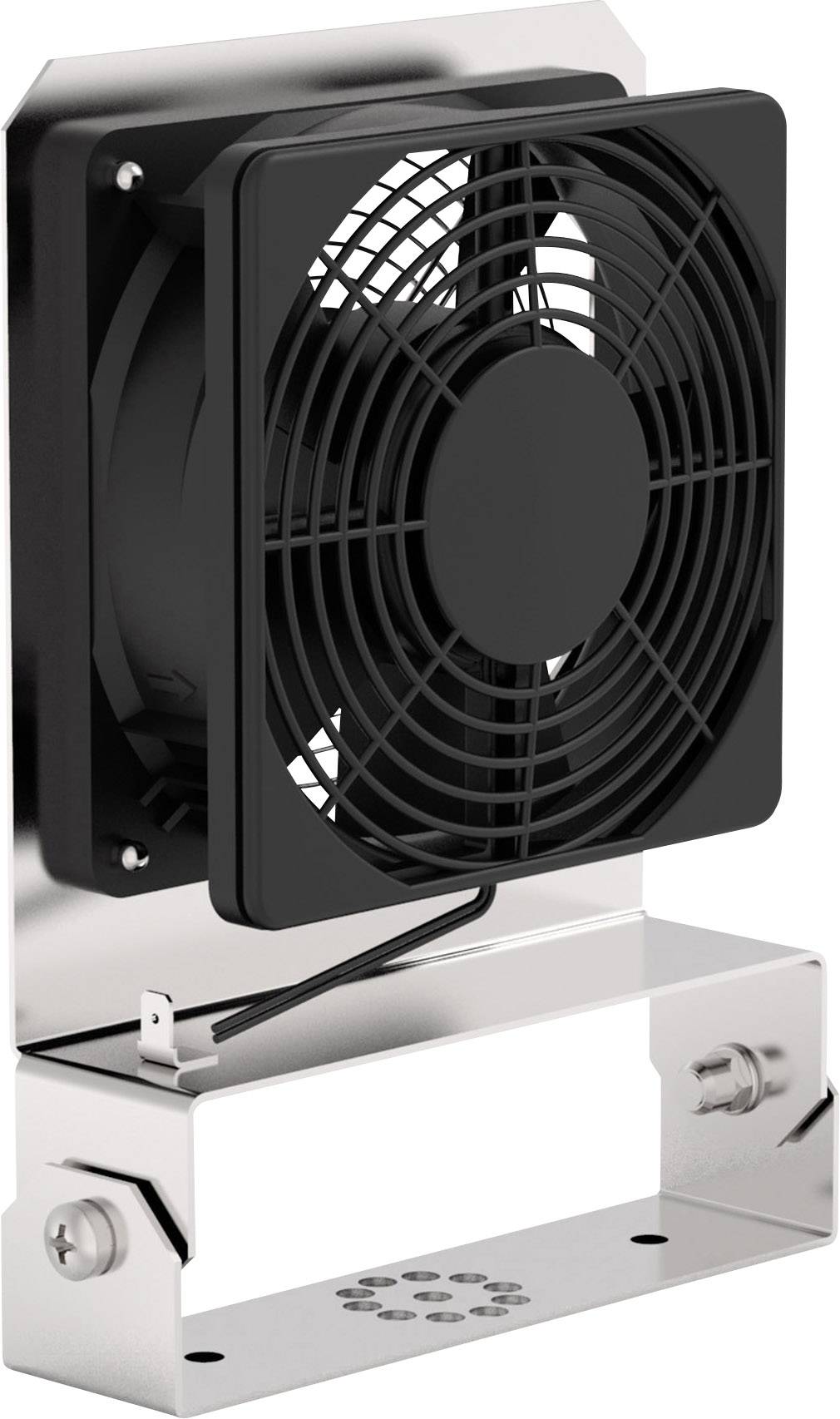 Metallrahmen mit montiertem, schwarzem Kühlventilator. Der Ventilator ist mit einem Schutzgitter ausgestattet.