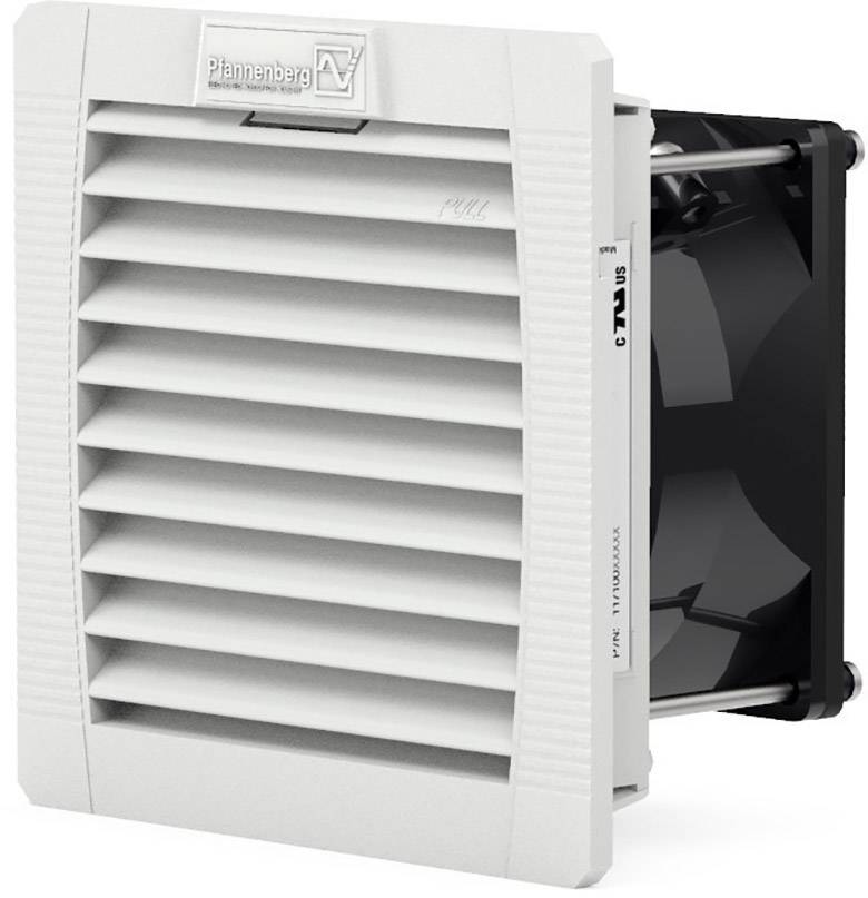 Eine weiße Lüftungseinheit mit Lamellen, die zur Belüftung von elektrischen Schaltschränken dient. Ein Ventilator ist teilweise sichtbar.