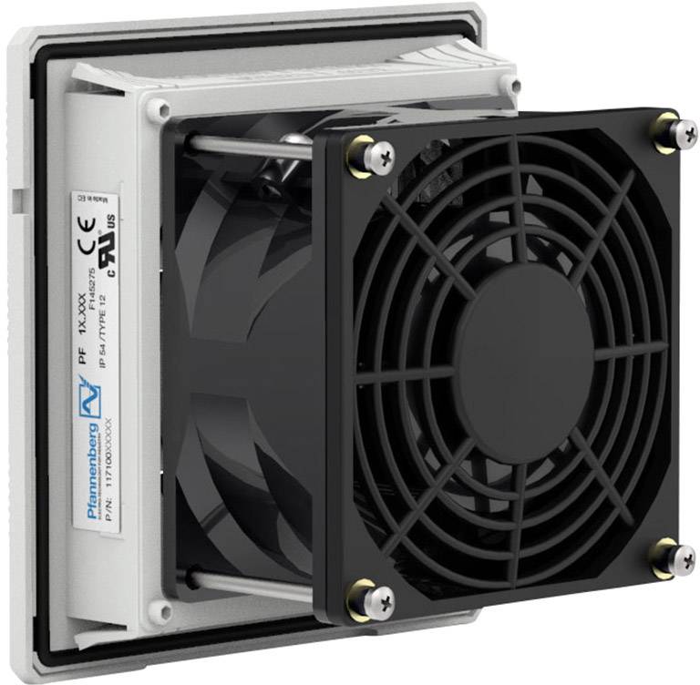 Schwarzer Lüfter in einem quadratischen weißen Rahmen, seitlich montiert. Label mit Spezifikationen auf der Gehäuserückseite.