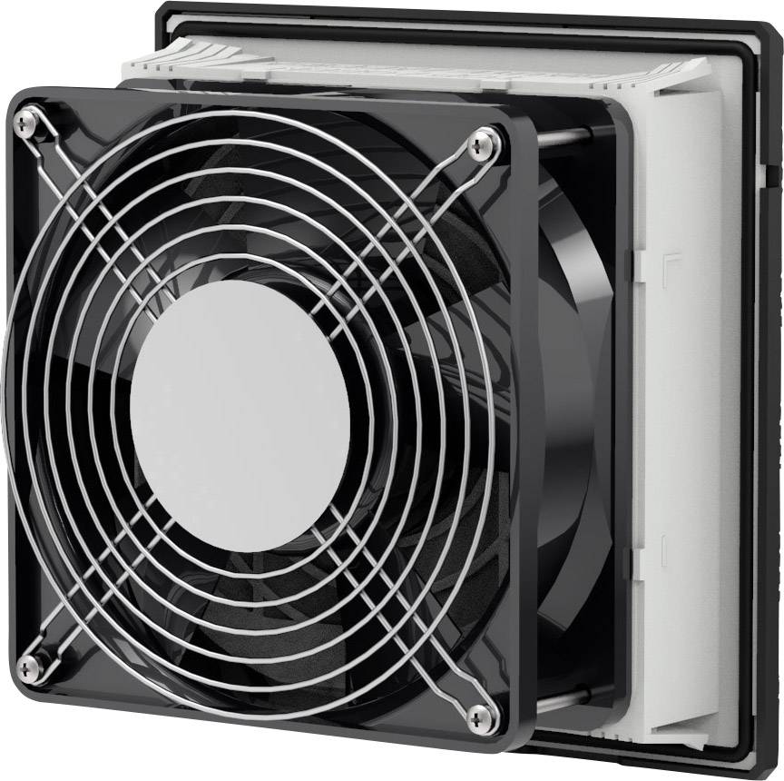 Ein schwarzer Ventilator in einem rechteckigen Gehäuse, montiert an einer Wand. Sichtbare Schutzgitter und zentrale Befestigungspunkte.