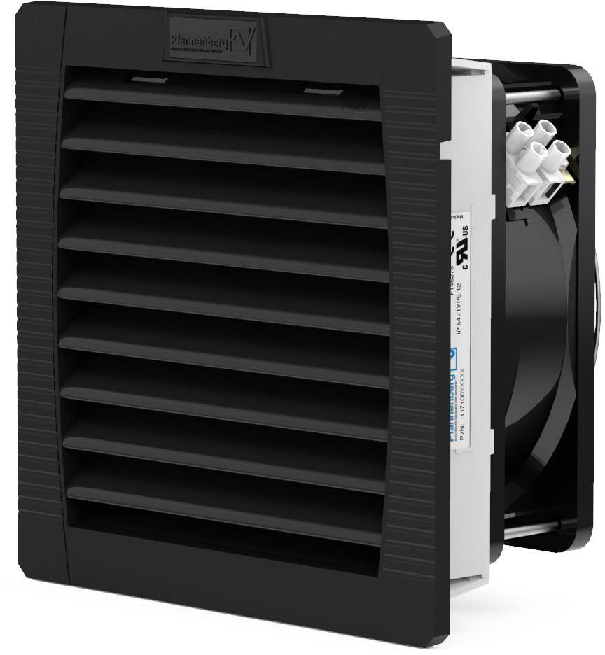 Schwarzes Lüftungsgitter aus Kunststoff mit integriertem Ventilator. Eignet sich zur Kühlung und Belüftung von Gehäusen oder Räumen.