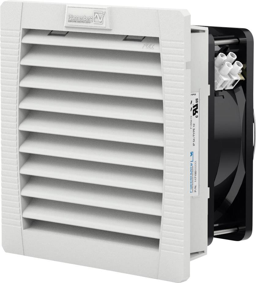 Weiße Lüftungseinheit mit Gitter und Ventilator, Marke 'Pfannenberg'. Ventilator sichtbar von der Seite, geeignet für industrielle Kühlsysteme.