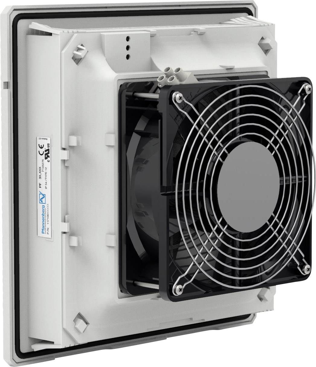 Ein weißer Ventilator in einem rechteckigen Gehäuse mit schwarzem Gitter, an einer Wand montiert. Techniklabel sichtbar.