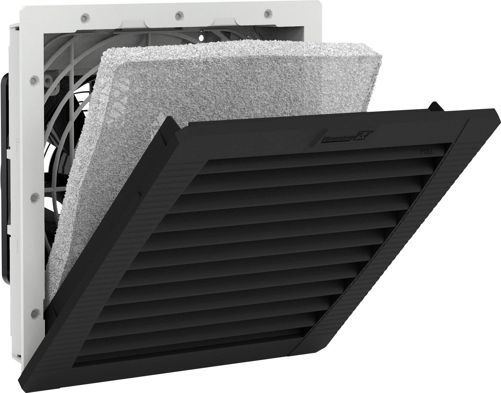 Lüftungsgitter mit eingebautem Ventilator und herausnehmbarem Filtereinsatz in schwarzem Rahmen. Geeignet für Gehäusekühlung.
