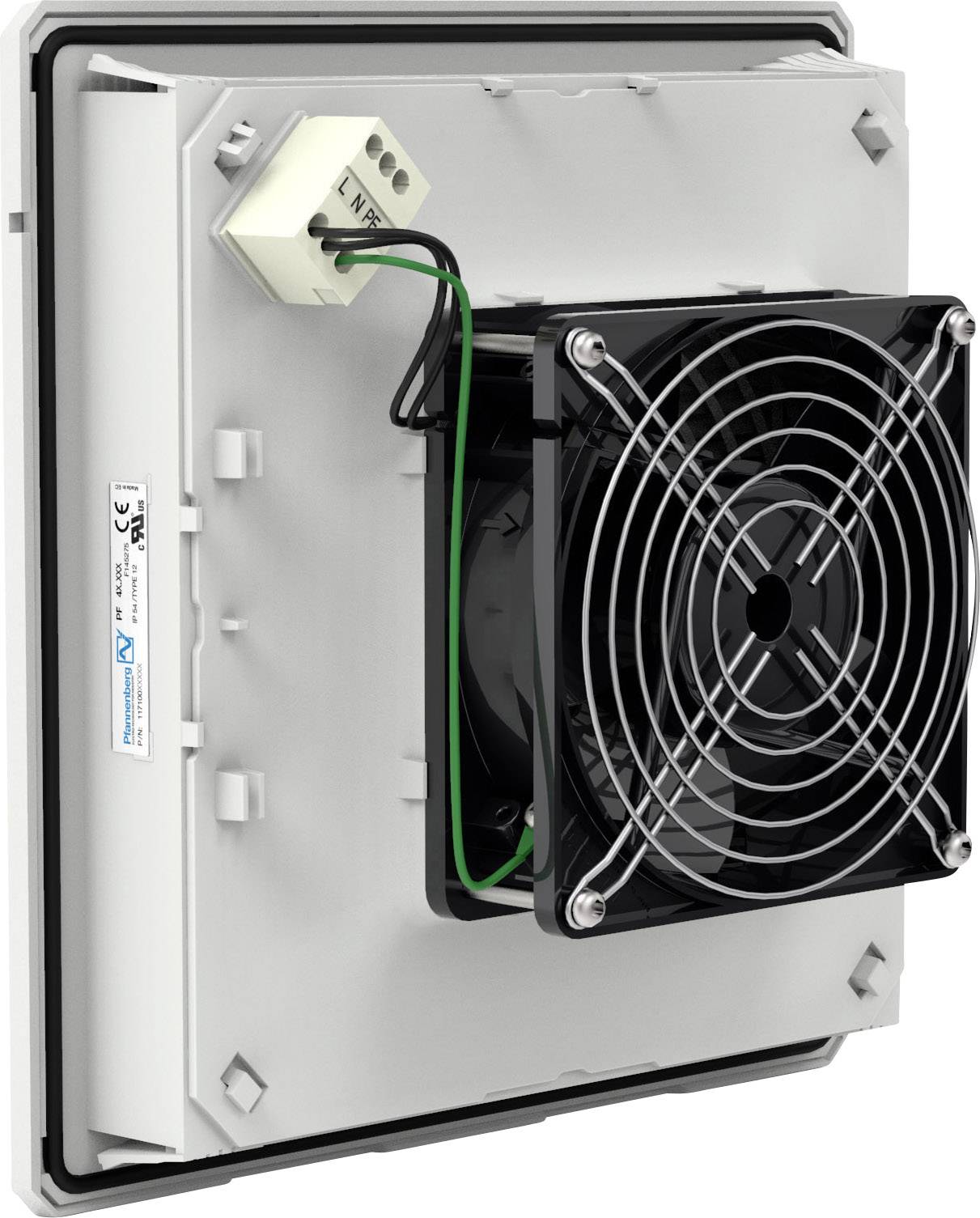 Ein Lüfter in einem rechteckigen Gehäuse mit Gitter, fixiert an einer Wand. Kabel sind an einem kleinen Verteilerblock angeschlossen.