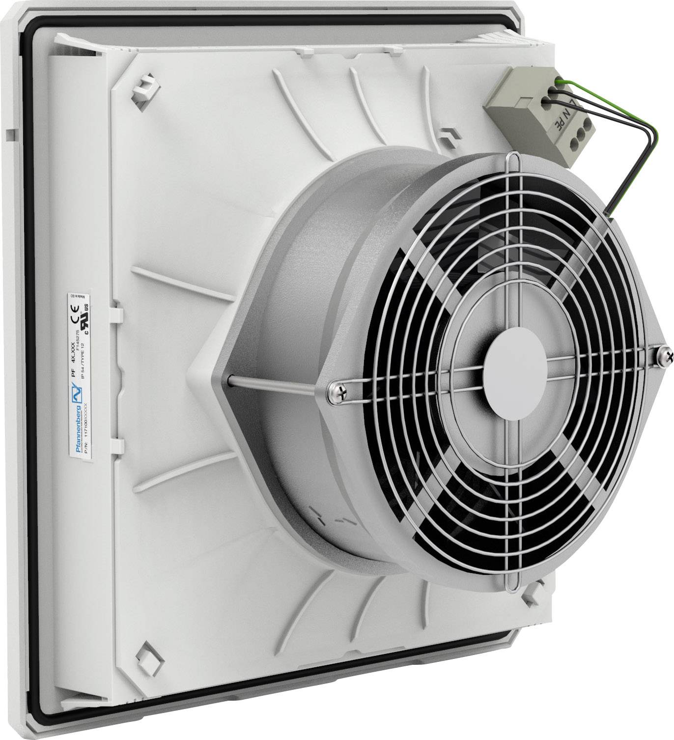 Ein weißer Wandventilator mit Schutzgitter, montiert in einem quadratischen Rahmen. Oben rechts ist ein Kabel sichtbar.