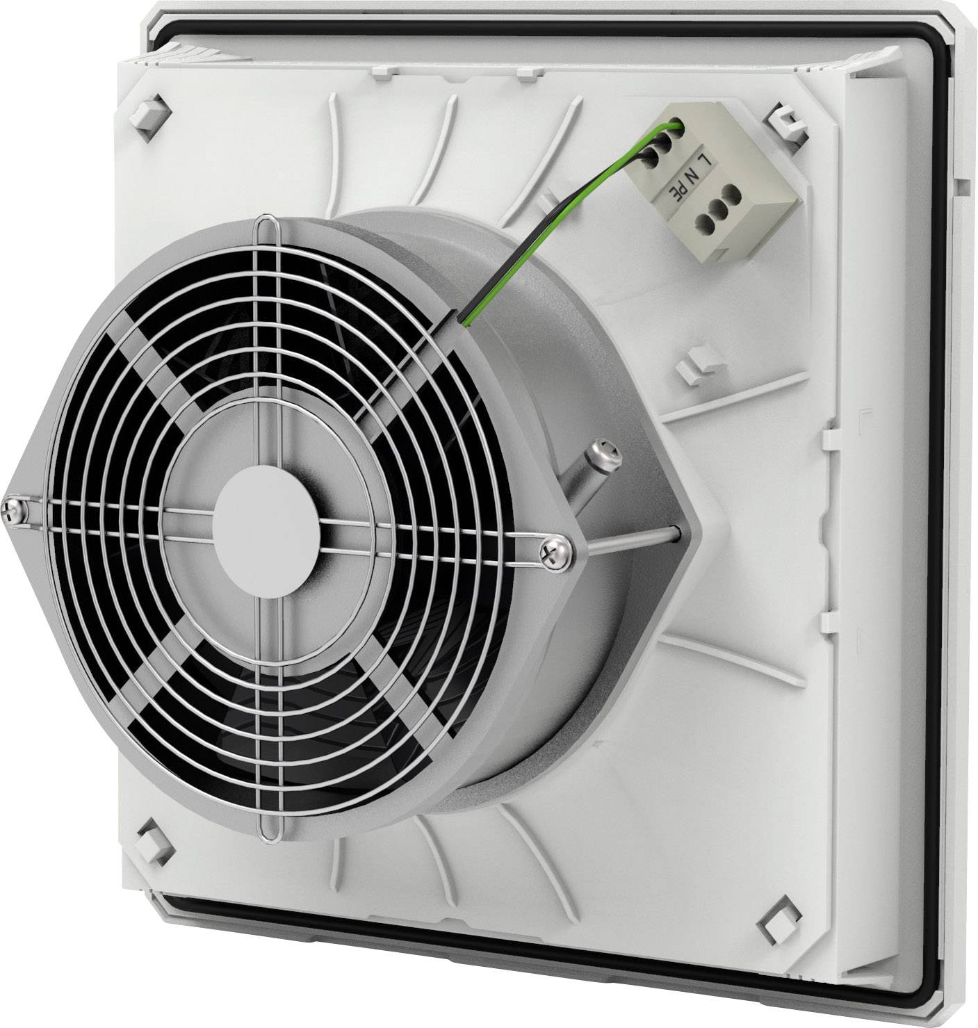 Ein weißer Ventilator mit schwarzem Gitter, an einer Wandhalterung montiert, zeigt nach vorne. Ein kleines Anschlusskabel ist sichtbar.