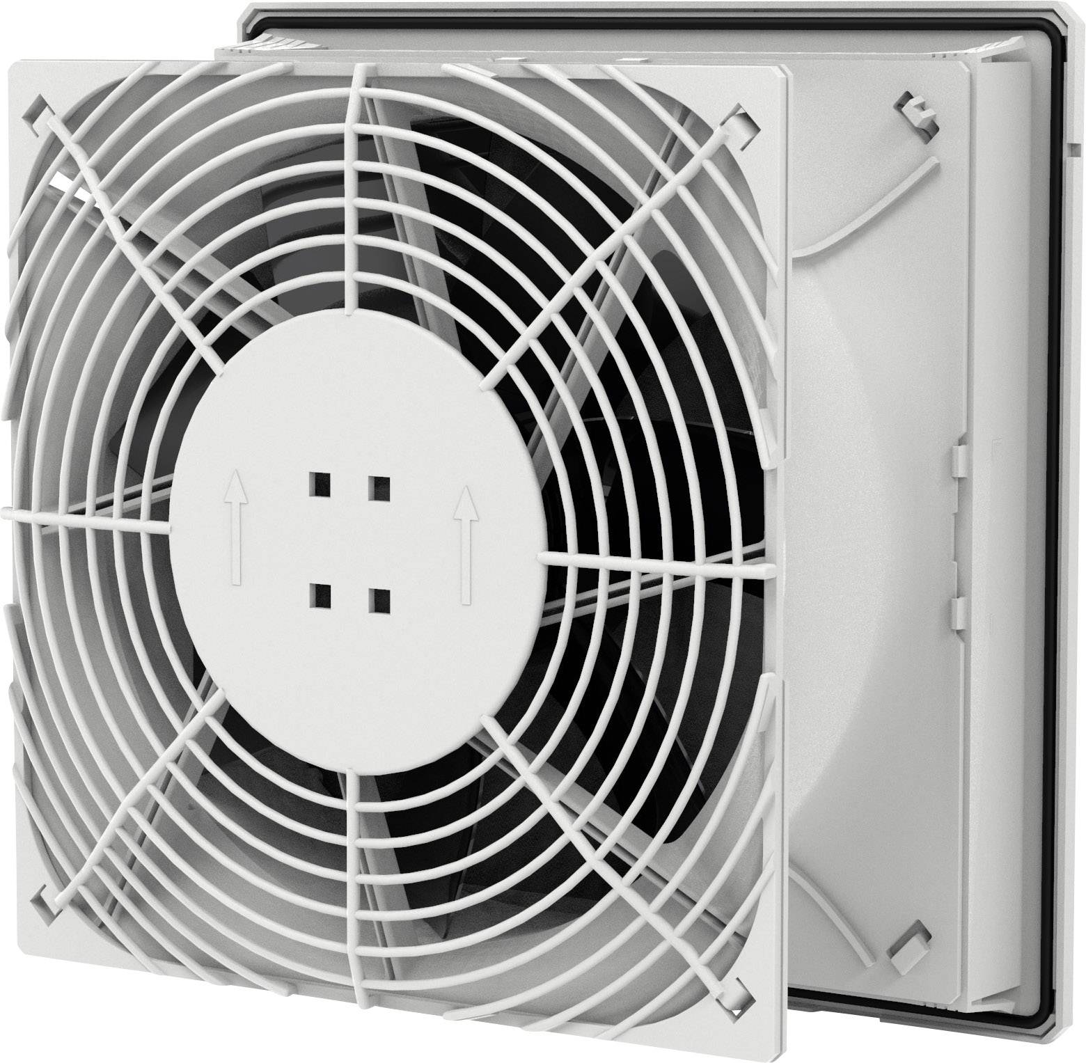 Ein quadratischer Ventilator mit Schutzgitter und Pfeilen, die die Luftstromrichtung anzeigen. Ventilator in einem schwarzen Gehäuse montiert.