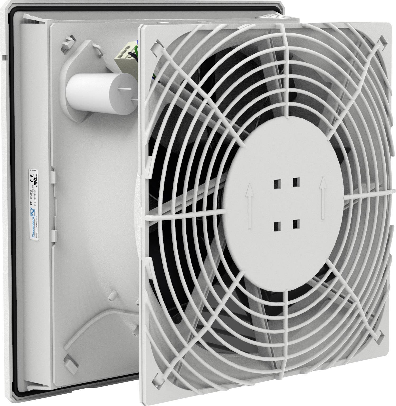 Belüftungsgerät mit quadratischem Gitterdesign, zeigt einen Ventilator. Hauptsächlich für Luftzirkulation und Kühlung vorgesehen.