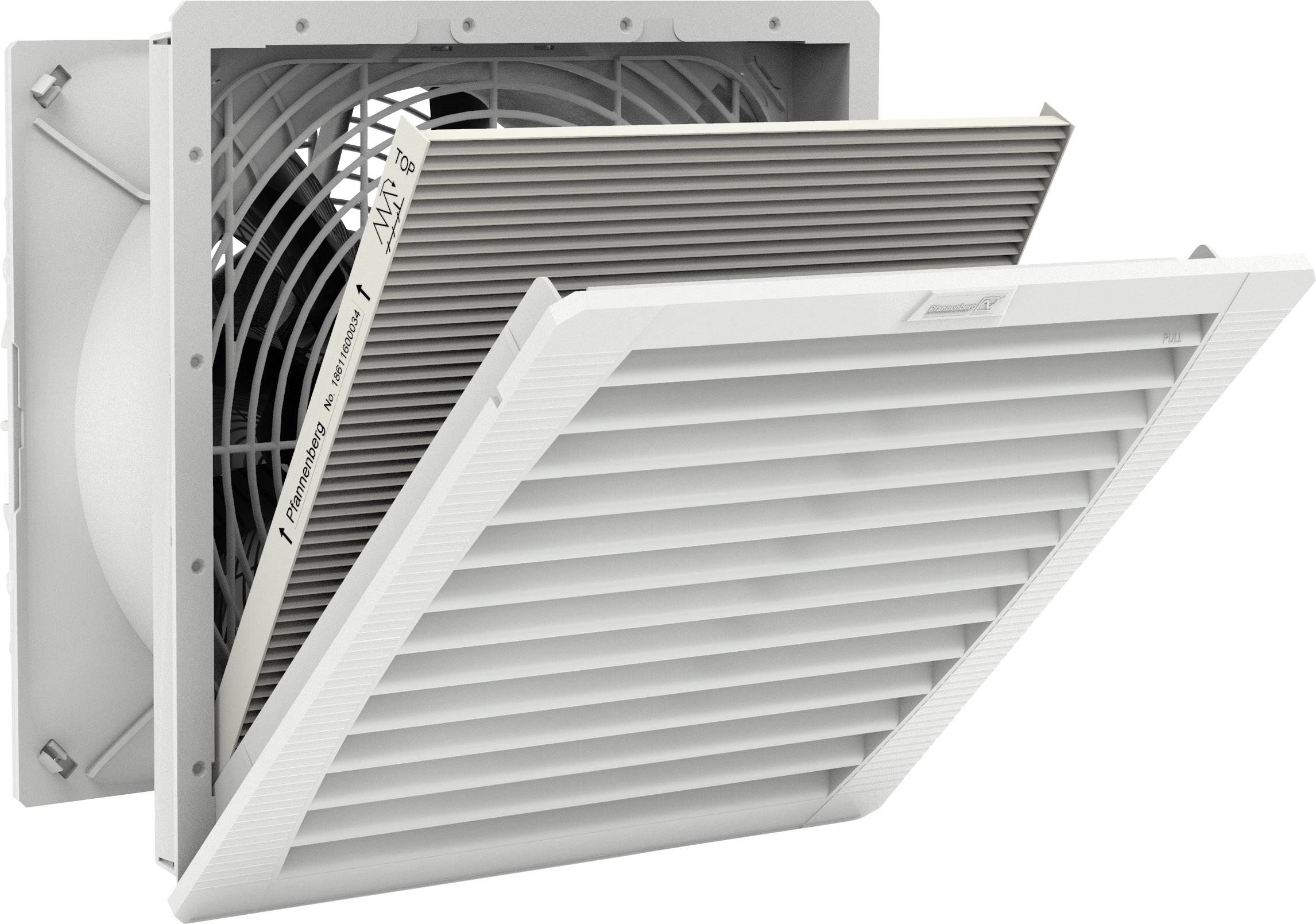 Lüftungsgitter mit Luftfilter und Ventilator, eingebaut in eine Wand; zeigt Luftzirkulationssystem in Aktion.