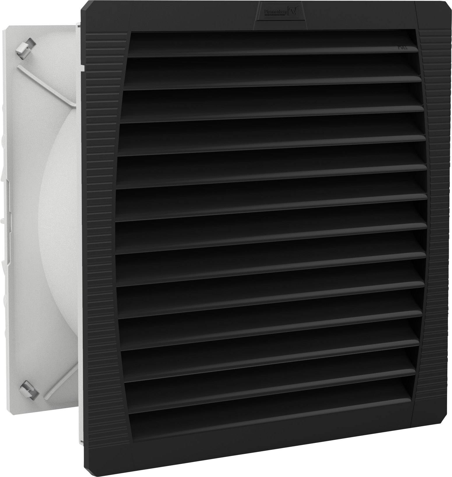 Ein schwarzer Lüftungsfilter mit horizontalen Lamellen, der in einem weißen Rahmen sitzt, für den Einsatz in Lüftungssystemen.