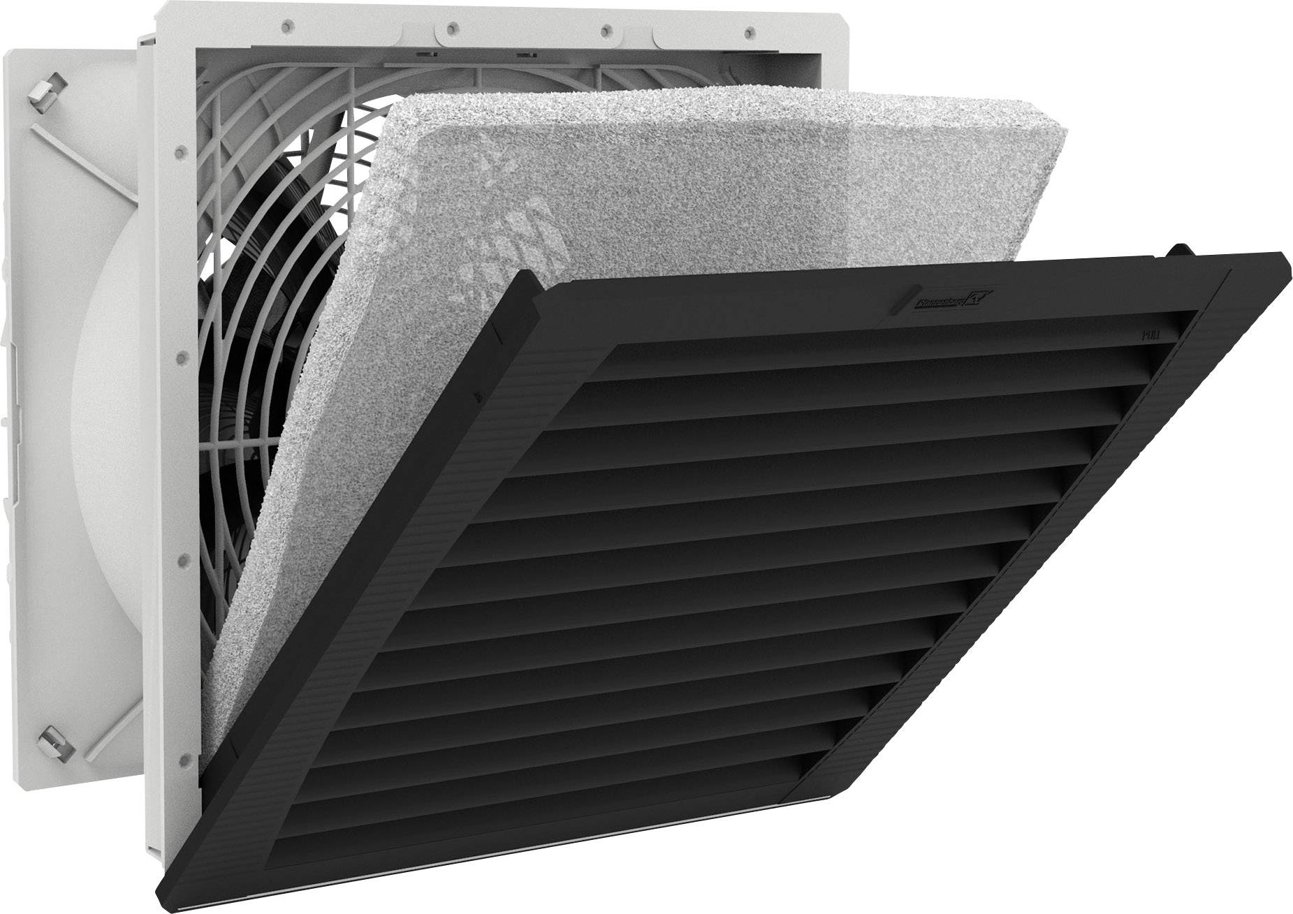 Lüftungsgitter mit integriertem Filter geöffnet, zeigt Ventilator hinter Schaumstofffilter. Essenziell für Luftzirkulation und Filterung.