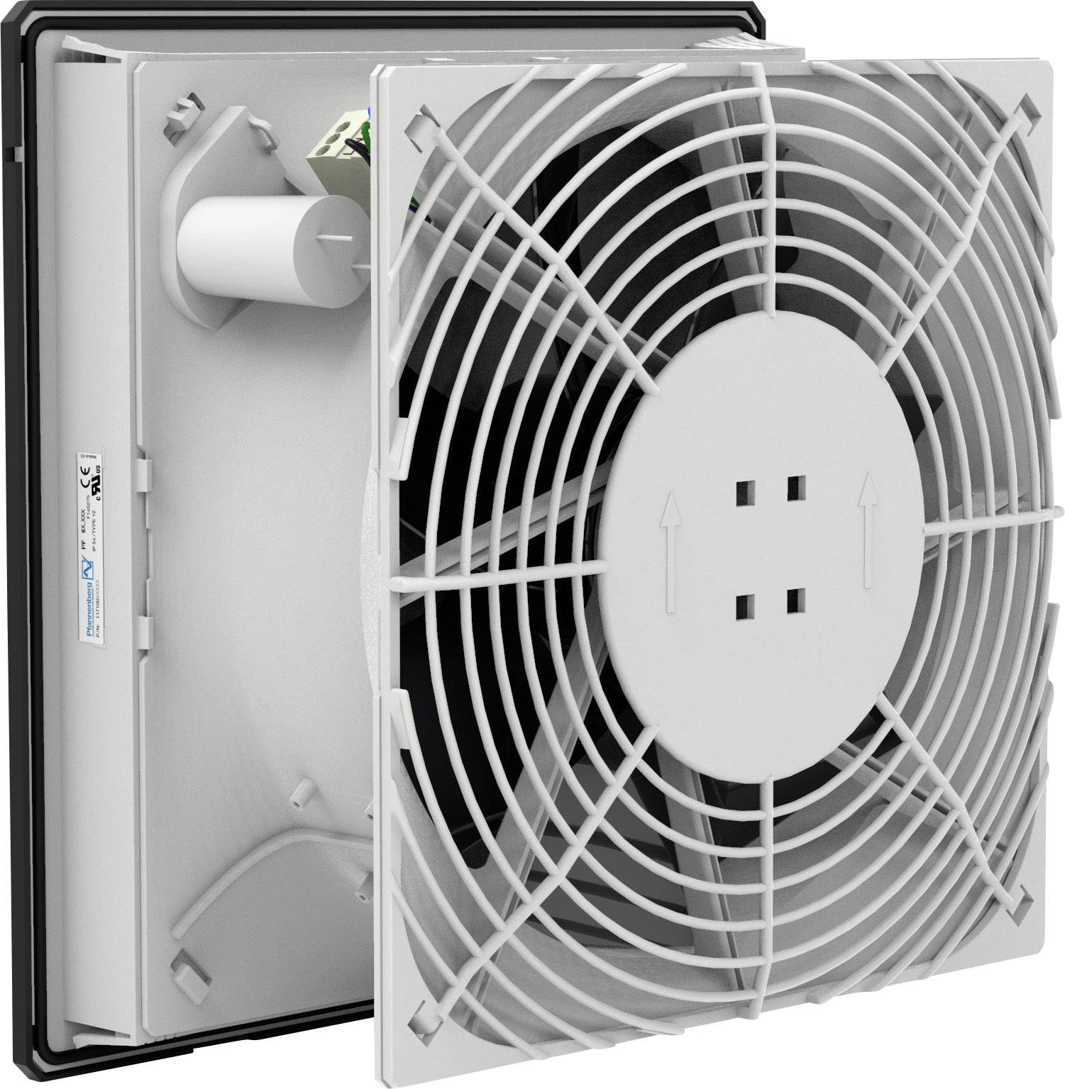 Ein quadratischer Lüftungsventilator mit einem herausnehmbaren Gitter.igna
