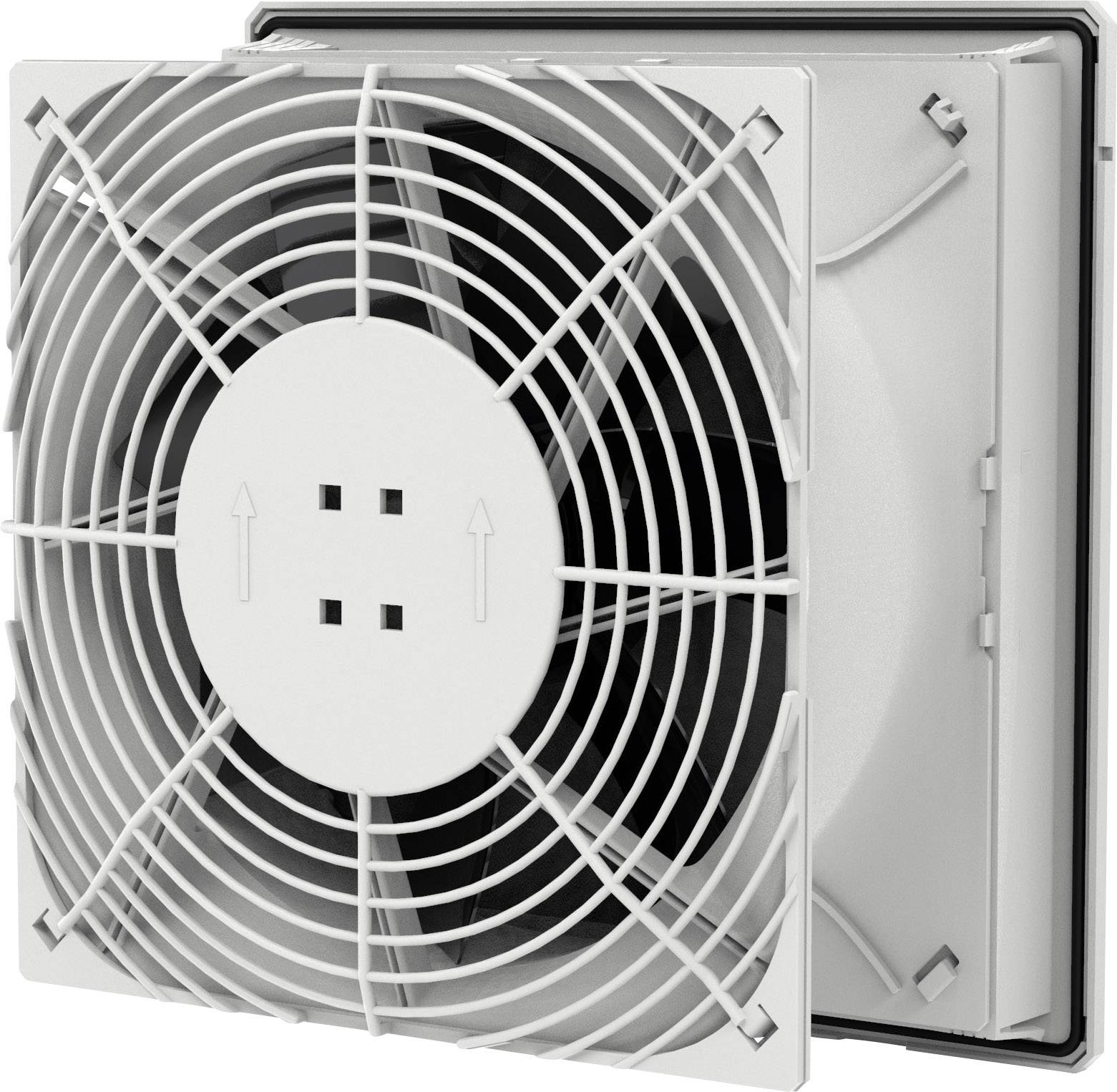 Ein quadratischer Lüftungsventilator mit Gitterabdeckung ist geöffnet, zeigt das Innenleben. Geeignet zur Wand- oder Deckenmontage.