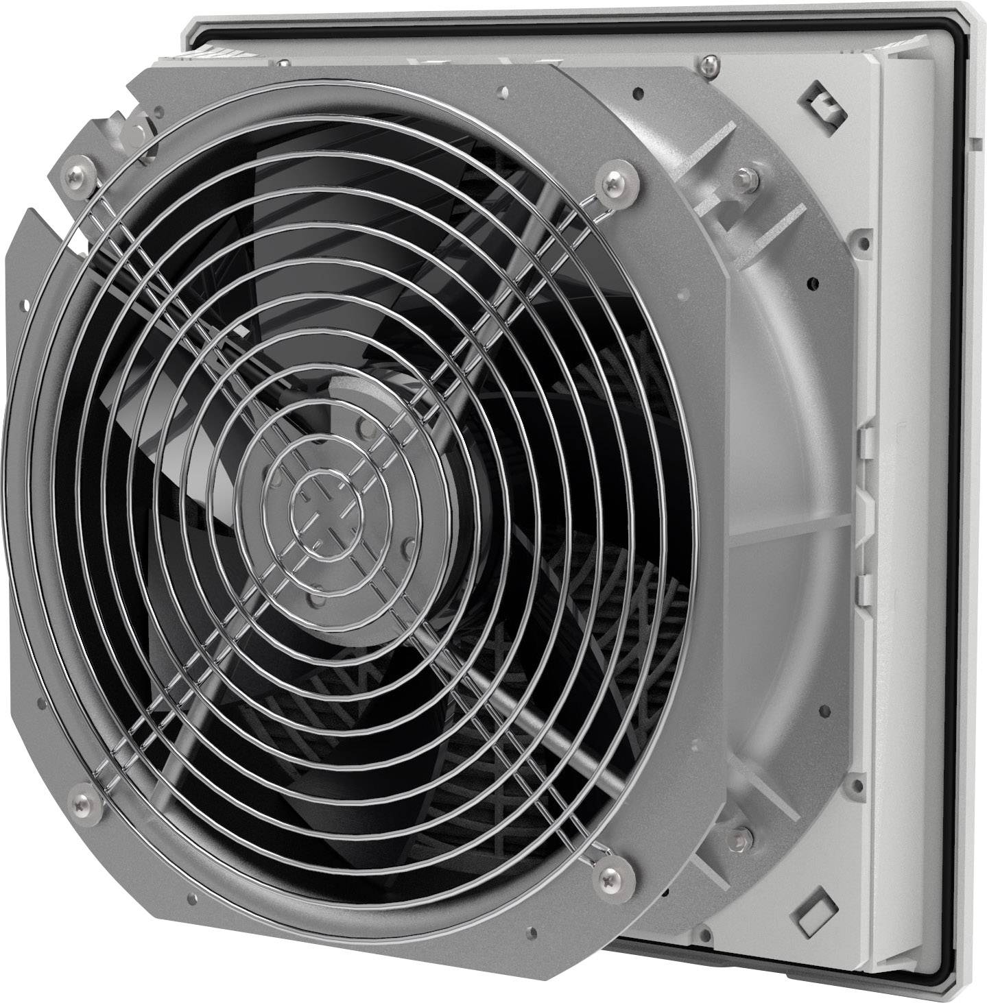 Ein großer, quadratischer Belüftungsventilator mit metallischem Schutzgitter, befestigt an einer Wand oder Decke.