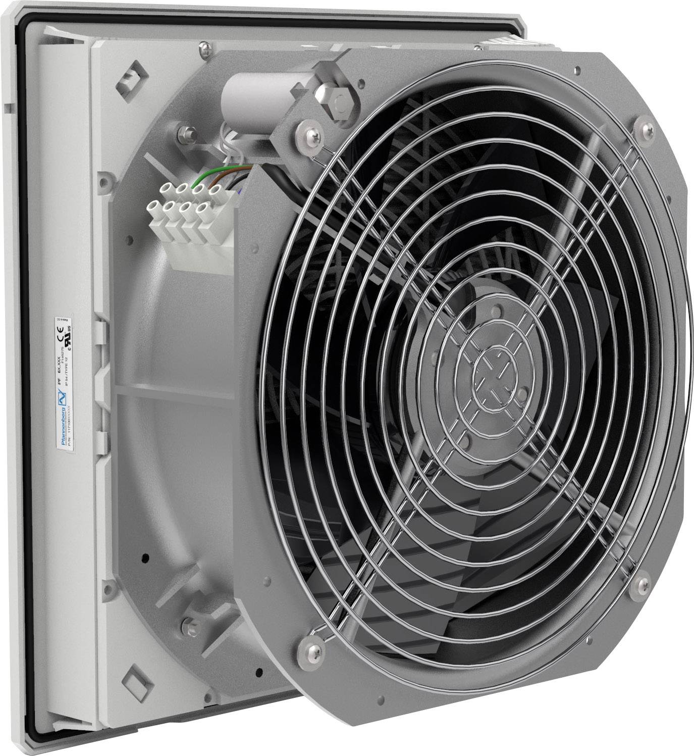 Ein Industrielüfter mit Metallgitter, rechteckigem Gehäuse und elektrischen Anschlüssen. Geeignet für technische oder industrielle Anwendungen.