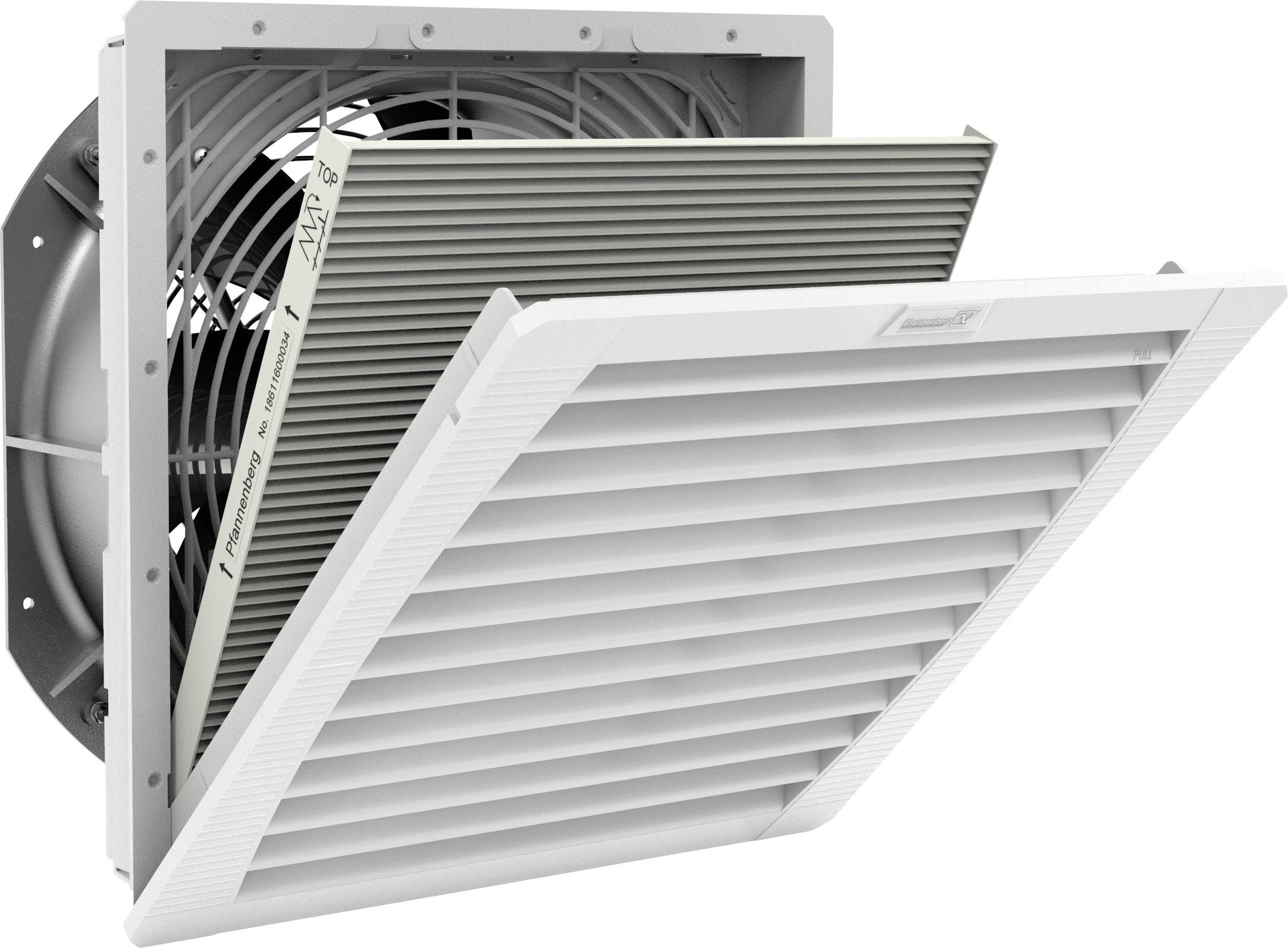 Ein geöffneter, grauer Lüftungsventilator mit sichtbarem Filter. Geeignet für industrielle oder gewerbliche Belüftungsanwendungen.