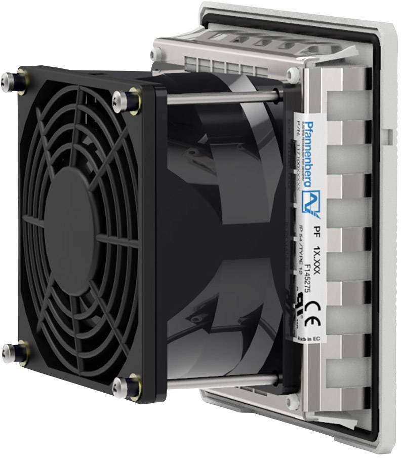 Ein schwarzer Lüfter, der an einer metallischen Halterung befestigt ist. Der Lüfter zeigt das Logo und Modellnummer an der Seite.