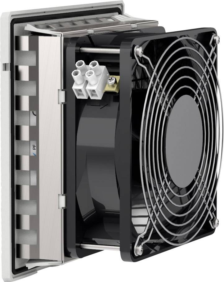 Ein Kühlventilator mit Schutzgitter in einem rechteckigen Gehäuse, der in einem elektronischen Gerät zur Belüftung eingesetzt wird.