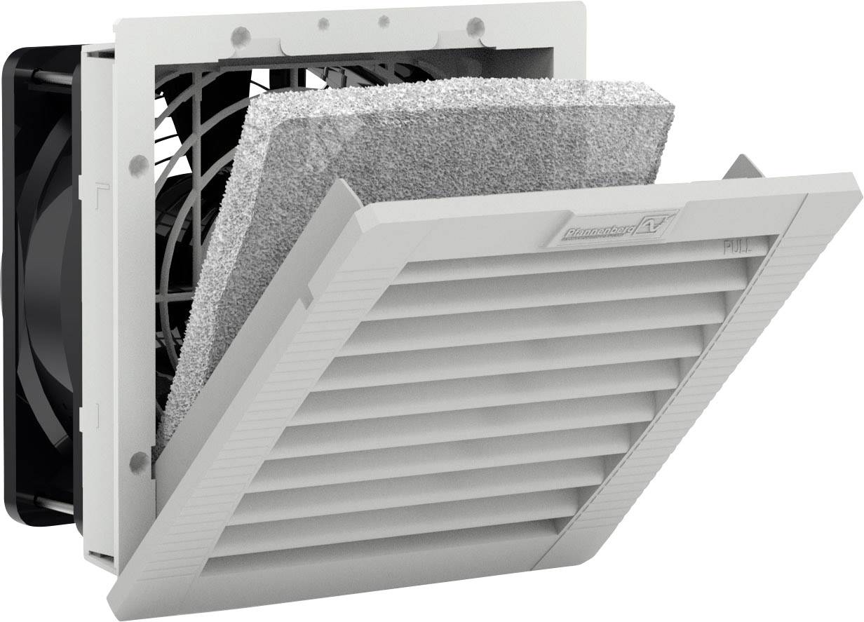 Ein grauer Lüftungsfilter mit abnehmbarer Frontplatte, zeigt Filterelemente und Lüfter im Hintergrund, geeignet für industrielle Anwendungen.