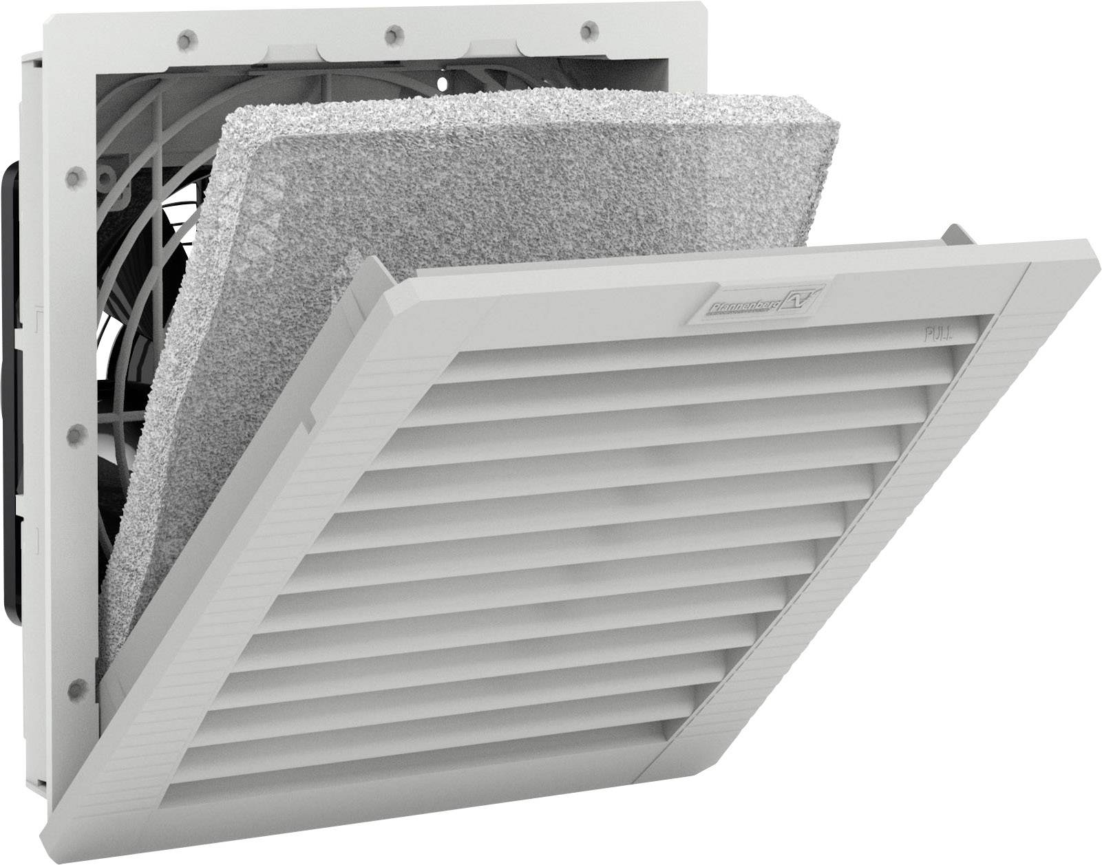 Lüftungsgitter mit Schaumstofffilter, teilweise geöffnet. Zeigt die Struktur und Position der Filtermatten und Ventilatorblätter.