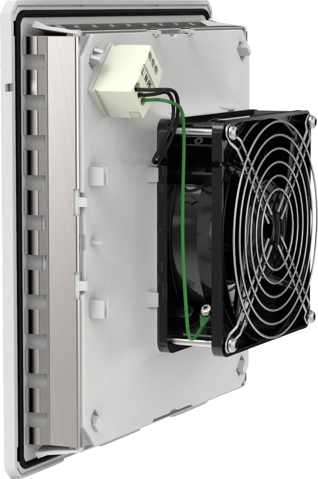 Kühllüfter in einem Gehäuse geöffnet zeigt elektrische Verkabelung und Montagedesign. Der Lüfter ist schwarz mit einem Schutzgitter.