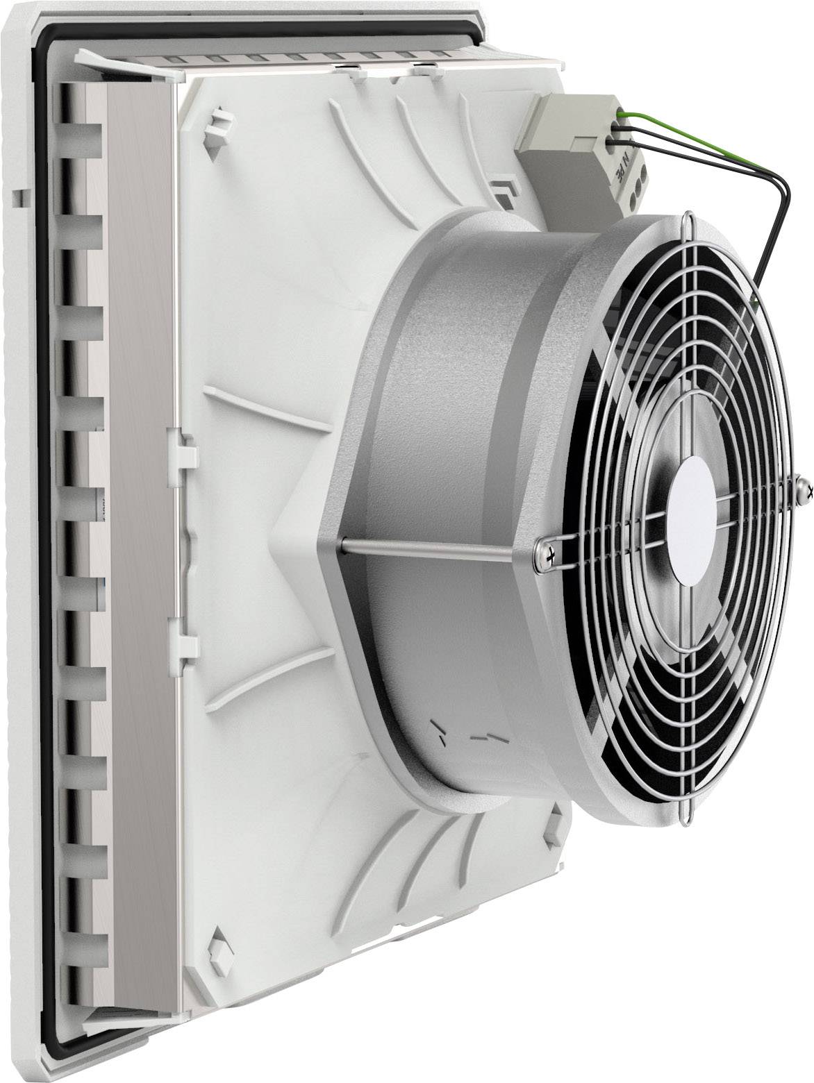 Ventilator von der Seite gesehen, eingebaut in ein quadratisches Gehäuse, mit Kabelanschlüssen rechts oben sichtbar.