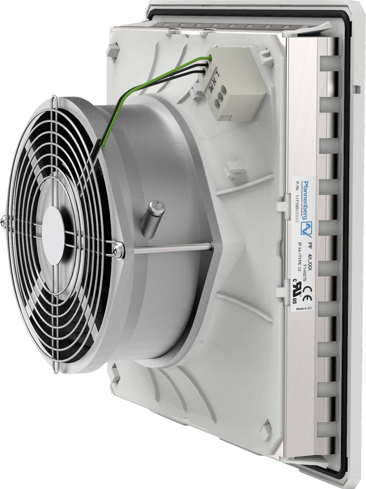 Kühllüfter mit Metallgitterabdeckung und elektrischen Anschlüssen an der Seite, montiert auf einer rechteckigen Halterung.