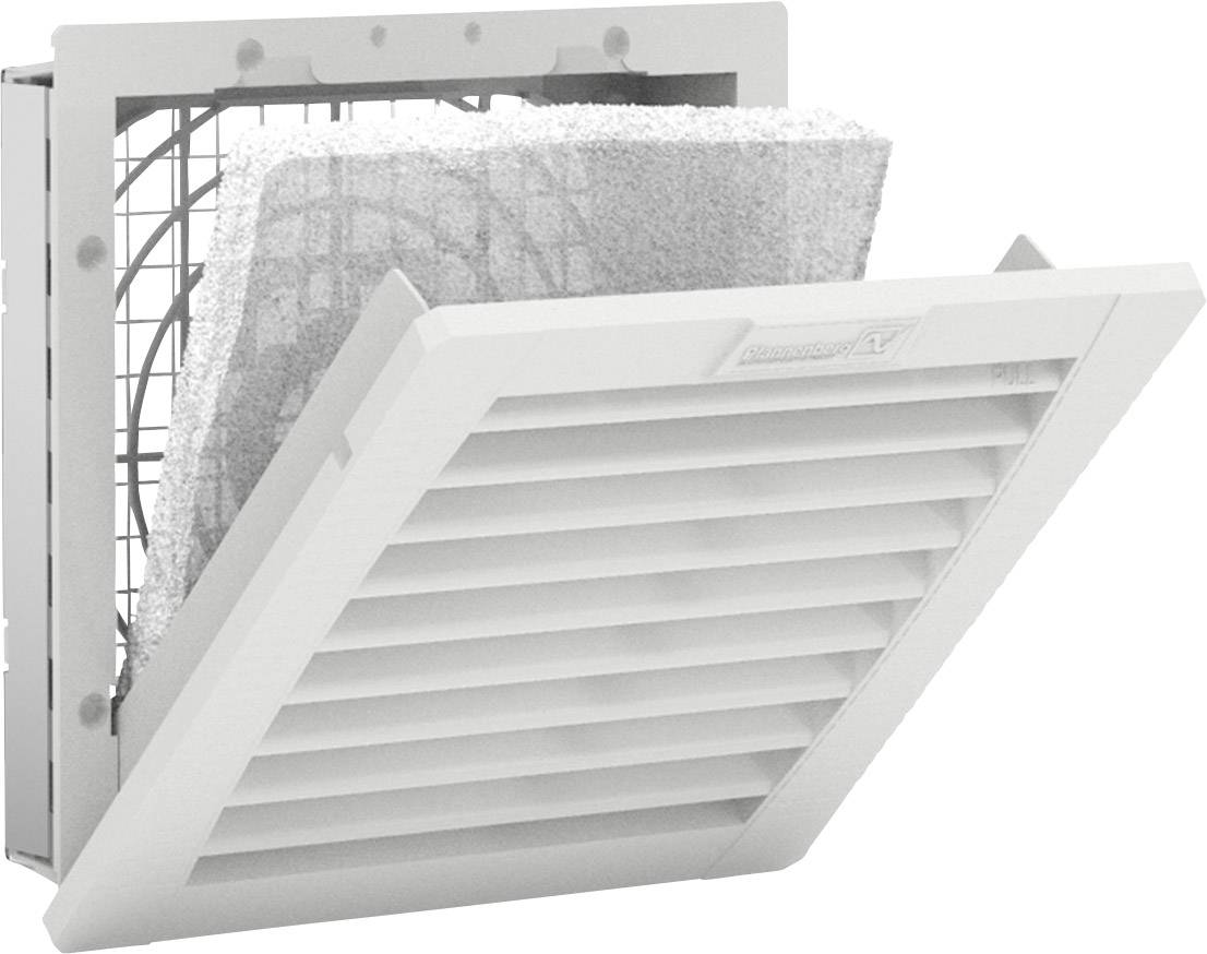 Ein grauer Lüftungsfilter mit einem herausnehmbaren Schaumstoffpad. Das Gitter schützt den Filter und ermöglicht Luftdurchlass.