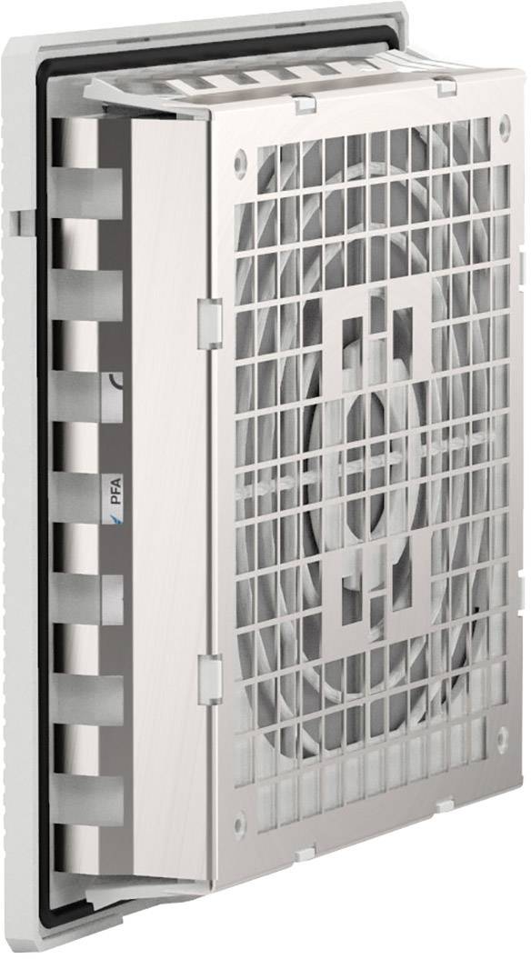 Lüftungsgitter mit integriertem Ventilator zur Belüftung oder Kühlung technischer Geräte. Rechteckiges Design mit Schutzgitter.