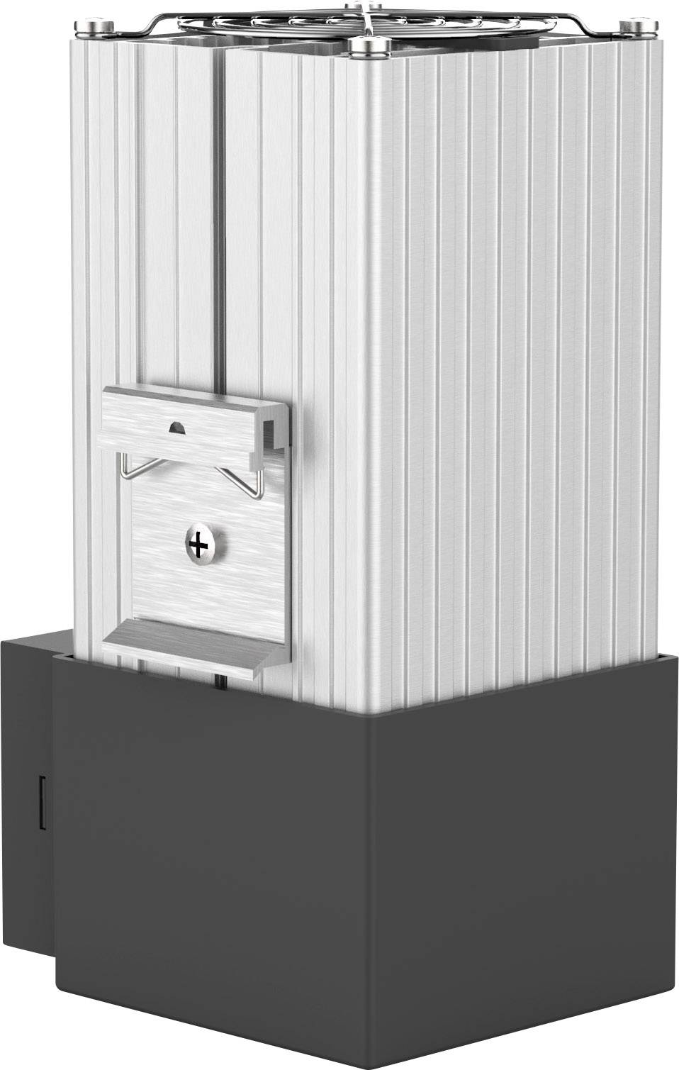 Industriekomponente aus Metall und Kunststoff, mit vertikalen Rillen und rechteckiger, dunkler Basis; elektrische Anschlussstelle sichtbar.