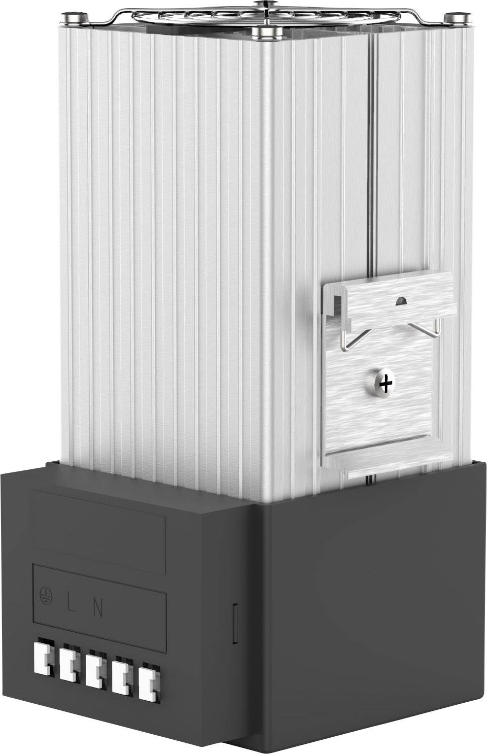 Ein rechteckiges elektrisches Heizgerät mit silbernem Aluminiumgehäuse und schwarzem Sockel, geeignet zur Montage in Schaltschränken.