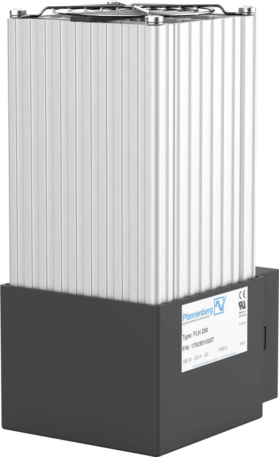 Heizgerät für Schaltschränke mit Aluminiumkörper und schwarzem Sockel, Modell Etikett 'Pfannenberg', kompatibel mit 230V, 150W.