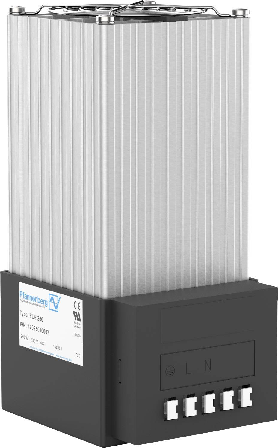 Elektrisches Heizgerät mit vertikalen Metallrippen, schwarzer Basis mit Anschlüssen unten, für industrielle Anwendungen.