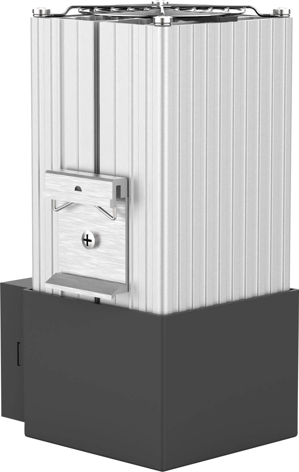Ein rechteckiger mechanischer Hebezylinder mit silbernem Gehäuse und schwarzem Sockel. Er hat eine industrielle Anwendung.
