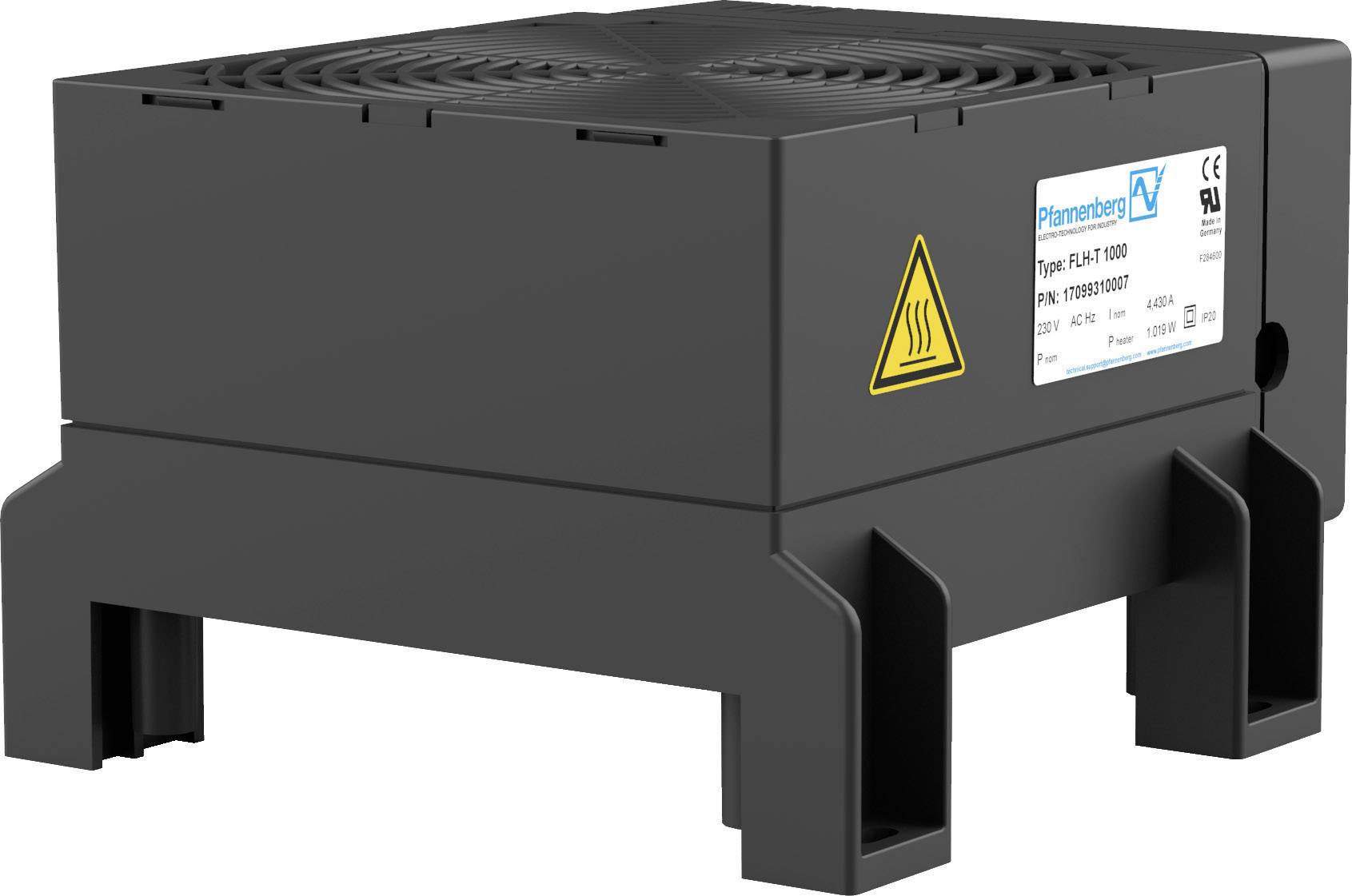 Schwarzes elektrisches Heizgerät mit Aufklebern und Stromanschluss, verwendet zur Umgebungsheizung in industriellen Anwendungen.