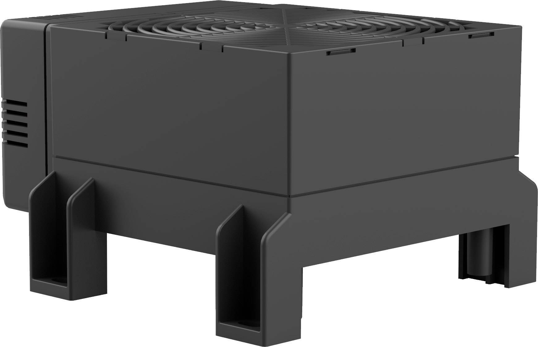 Ein schwarzer, quadratischer Ventilator auf einem erhöhten Standfuß, geeignet für den Außeneinsatz.