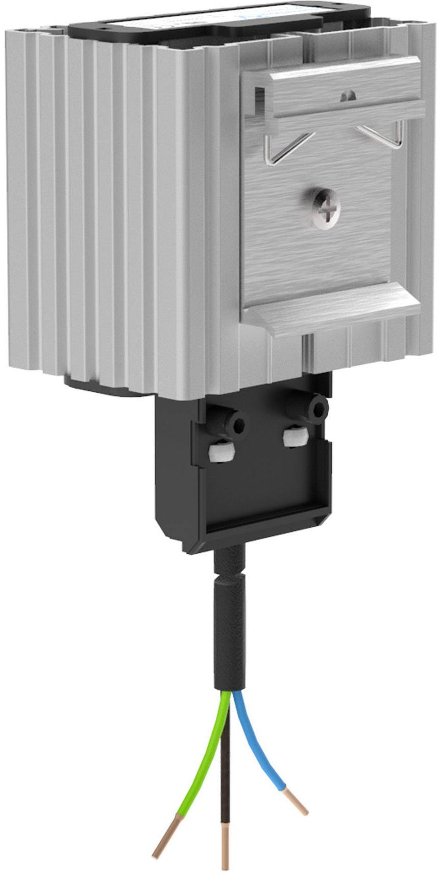 Ein elektrischer Schalter mit silbernem, gerilltem Gehäuse, darunter schwarze Halterung mit drei farbigen Drähten: braun, blau, grün-gelb.
