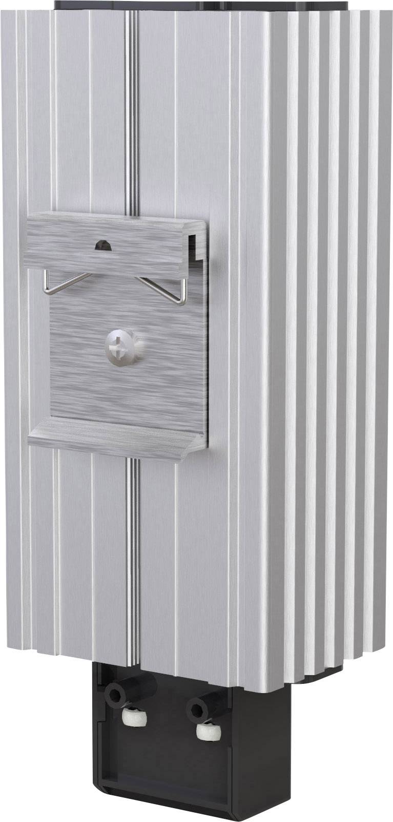 Ein vertikales, silbernes Aluminium-Teil mit geriffelter Oberfläche und einer zentralen Metallhalterung. Unten zwei schwarze Steckanschlüsse.